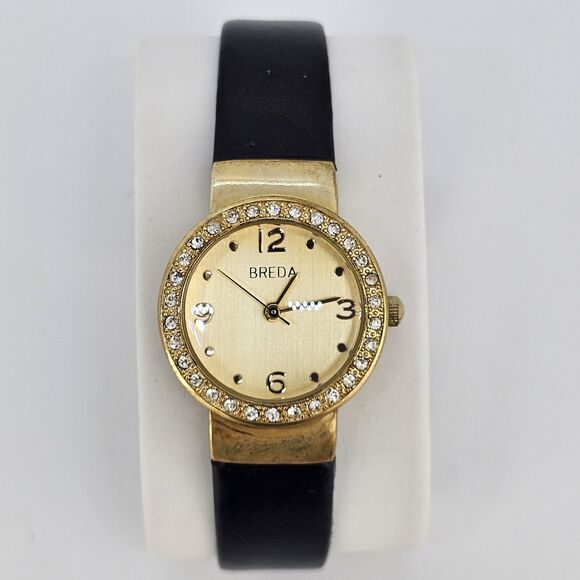 Breda Women's Watch 26MM Gold Dial Crystal Bezel Black Leather Bands New Battery - Picture 1 of 14